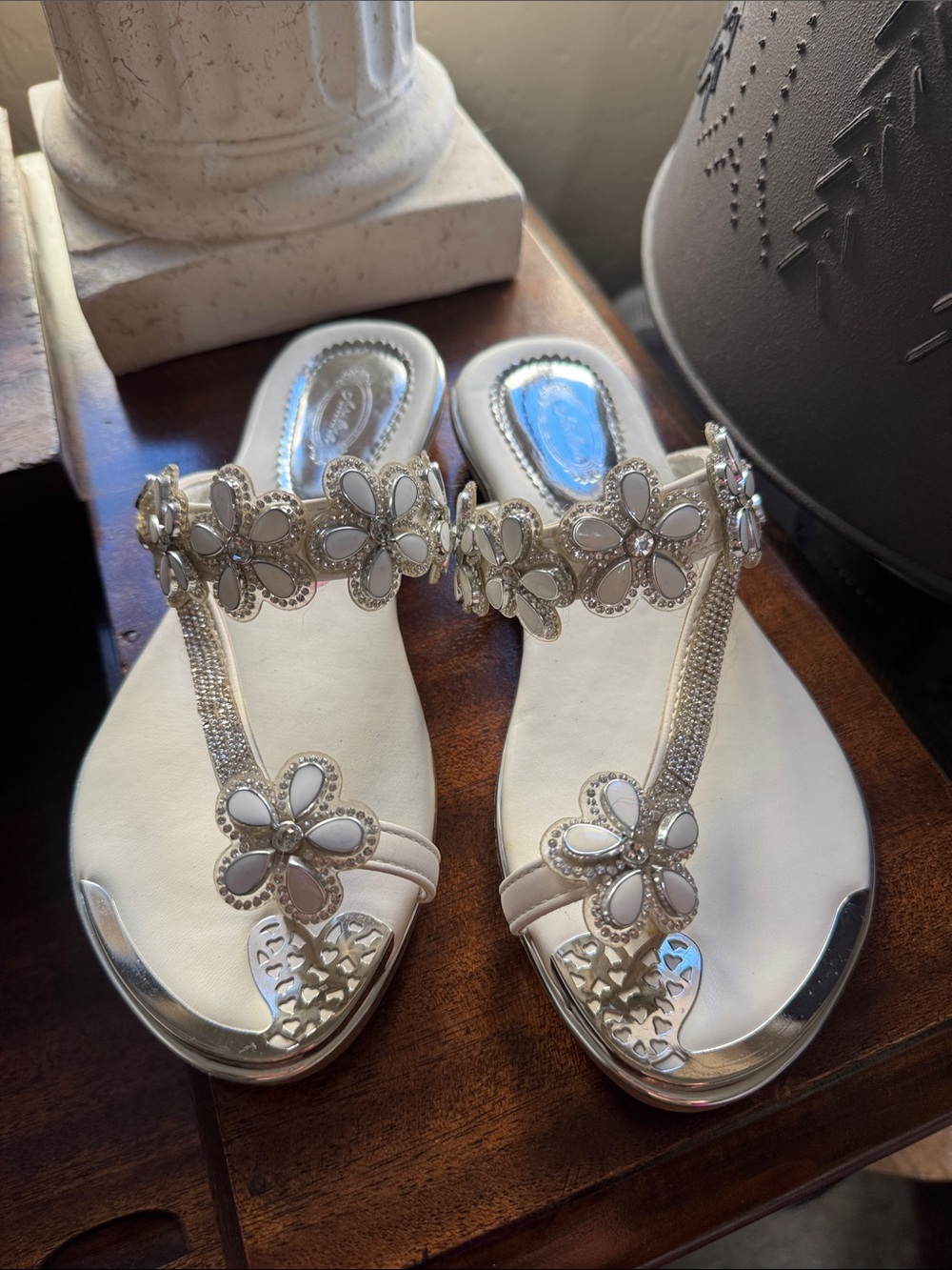 Embellished White Floral T-Strap Sandals